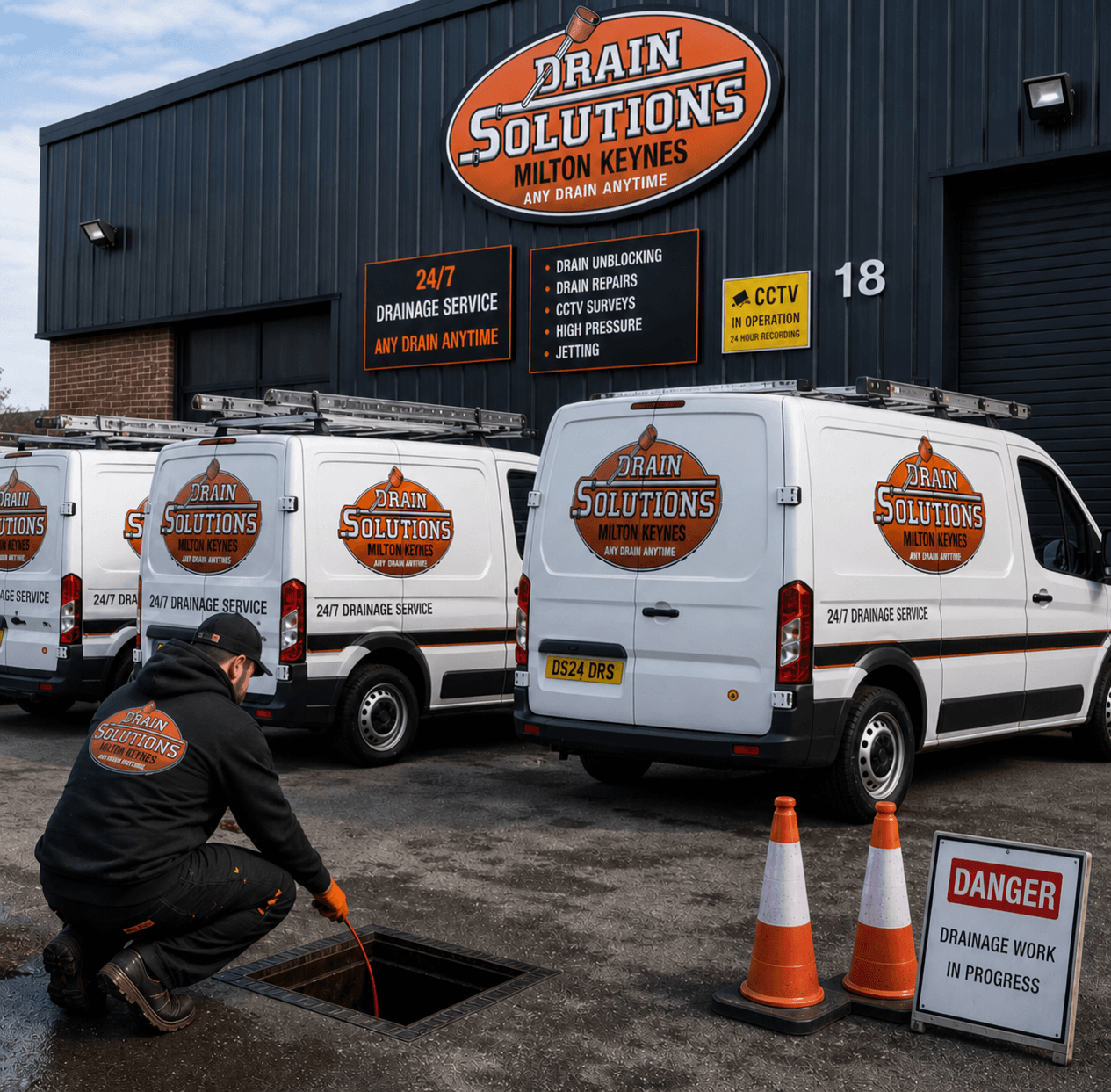 Drain Solutions MK — full branded fleet at HQ, engineer at work