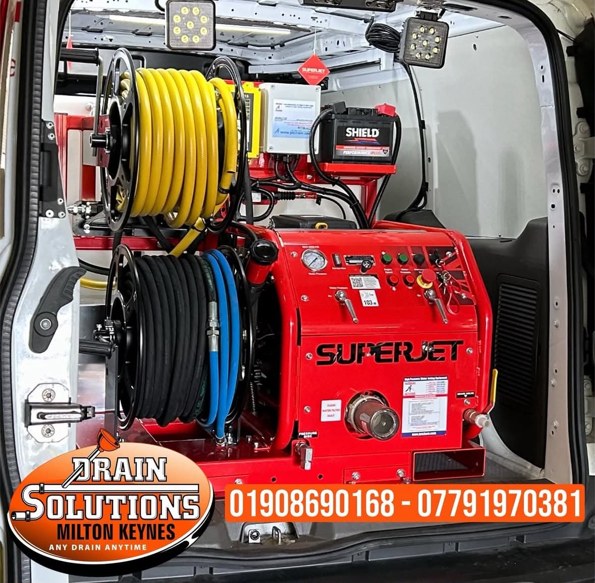 SuperJet high-pressure drain jetting rig mounted in Drain Solutions van