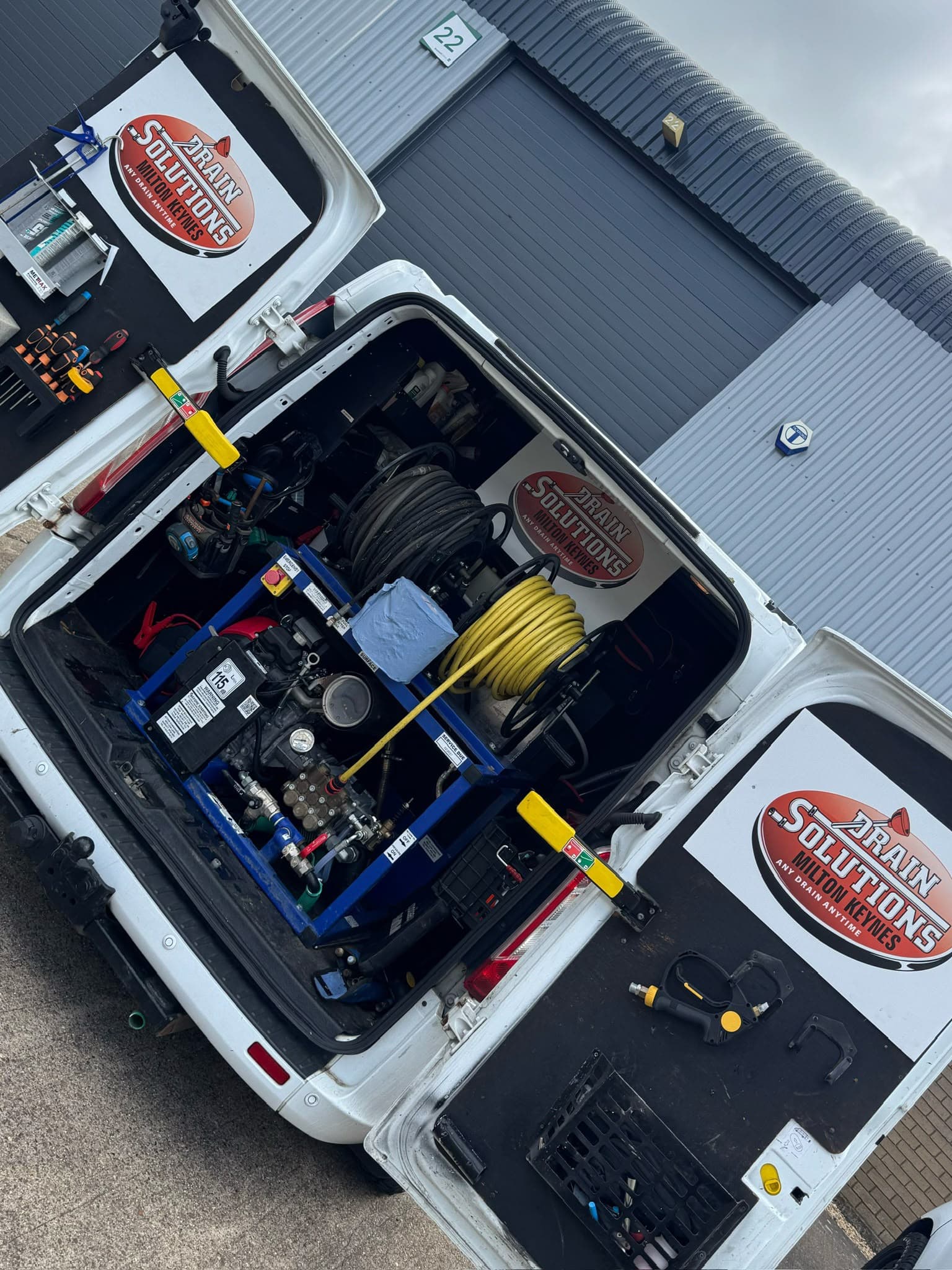 Overhead view of Drain Solutions jetting van — professional drainage equipment